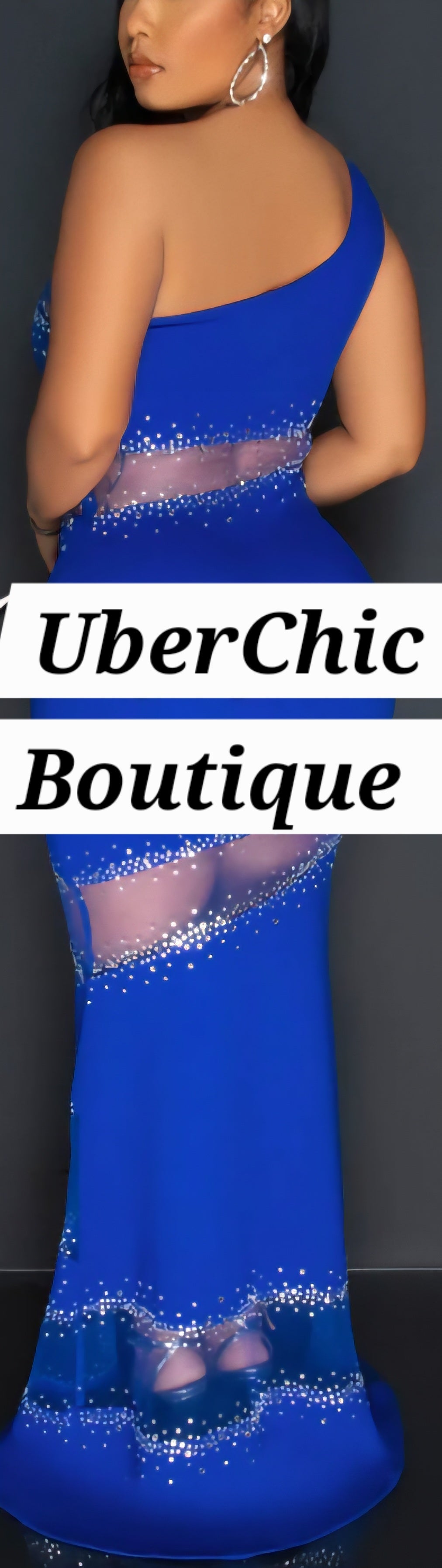 Blinged to Perfection Sheer Rhinestones One Shoulder Maxi Dress - Navy Blue