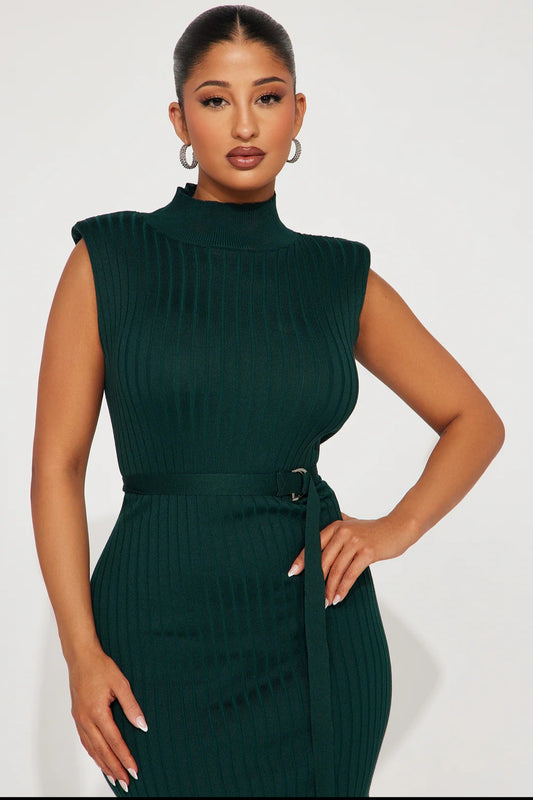 Money Moves Only Mock Neck Midi Dress - Green