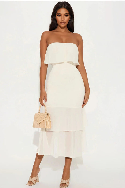 Flirt in Chiffon - Strapless Ruffle Midi Dress - Ivory
