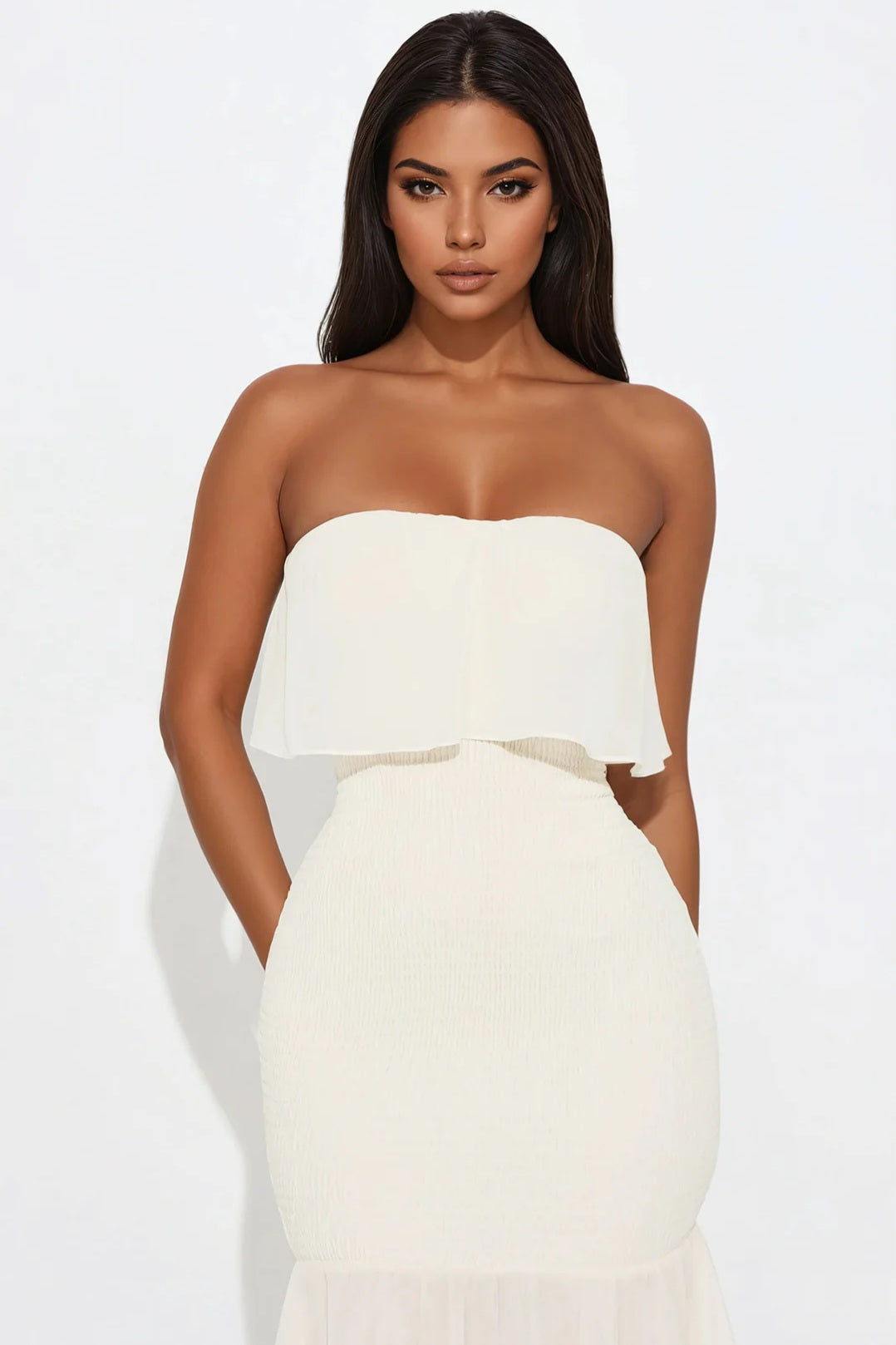 Flirt in Chiffon - Strapless Ruffle Midi Dress - Ivory