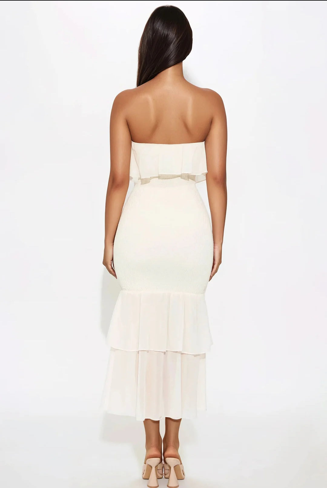 Flirt in Chiffon - Strapless Ruffle Midi Dress - Ivory
