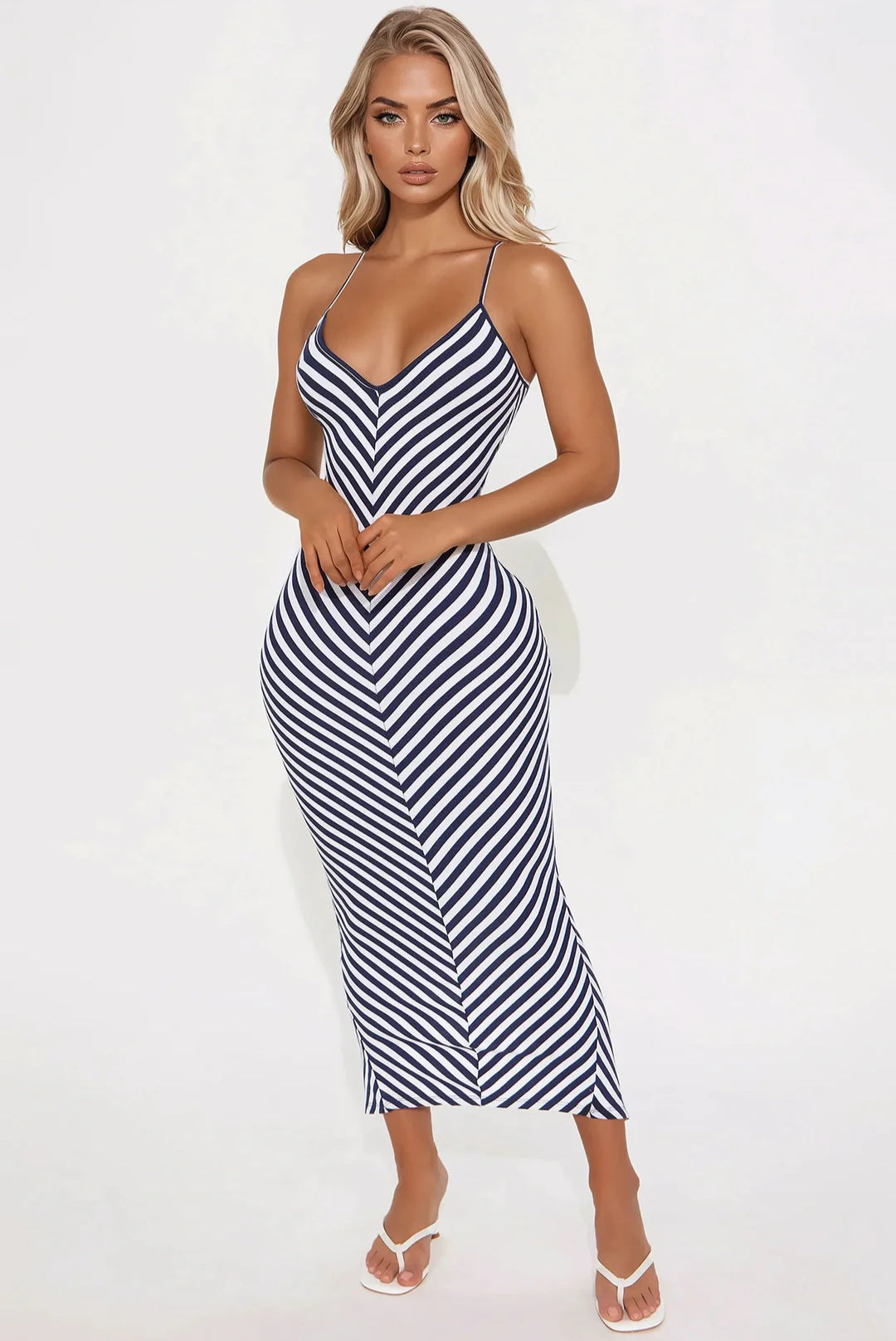 Nautical But Nice Striped Ribbed Midi Dress - Navy/Combo