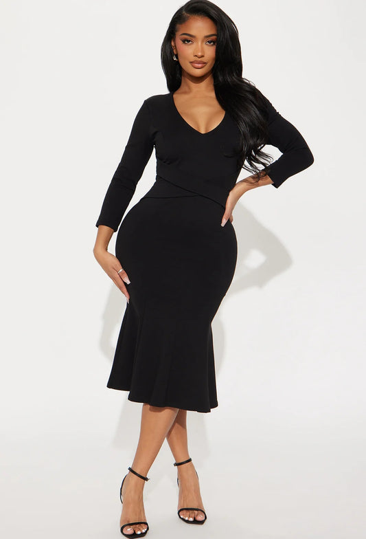 Blackout Elegance Mermaid Midi Dress - Black