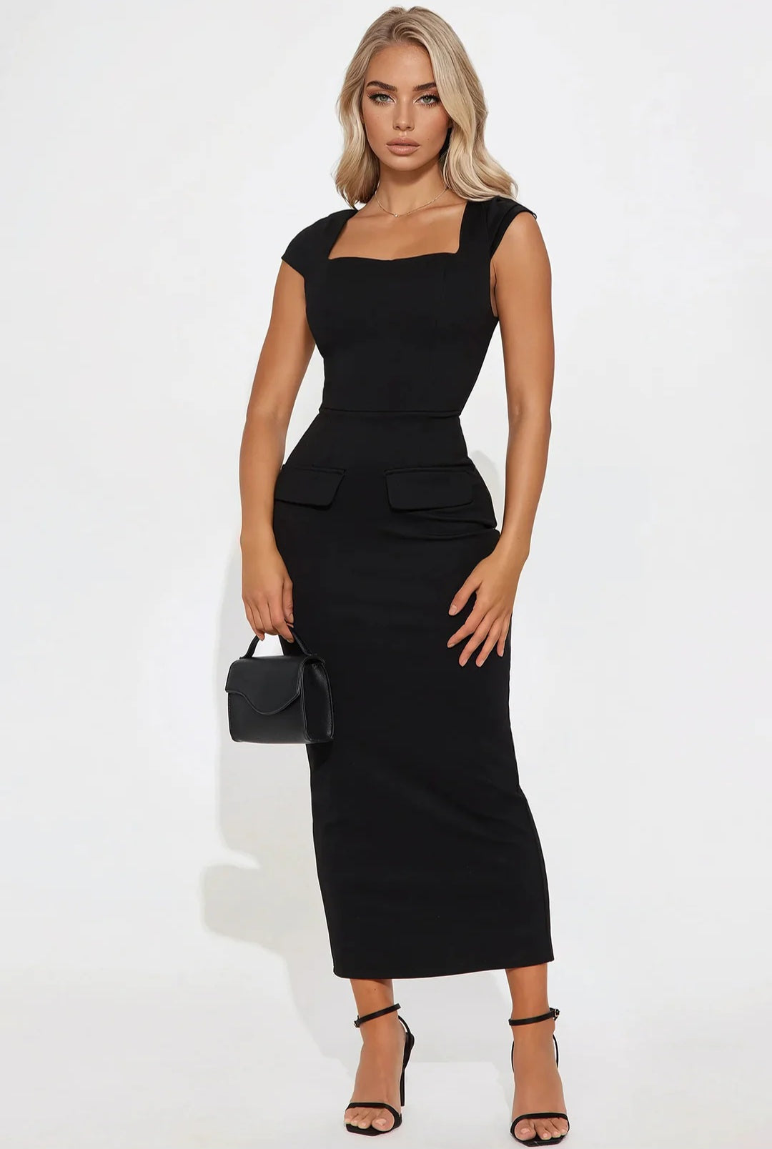 Executive Edge Square Neck Body Sculpting Midi Dress - Black