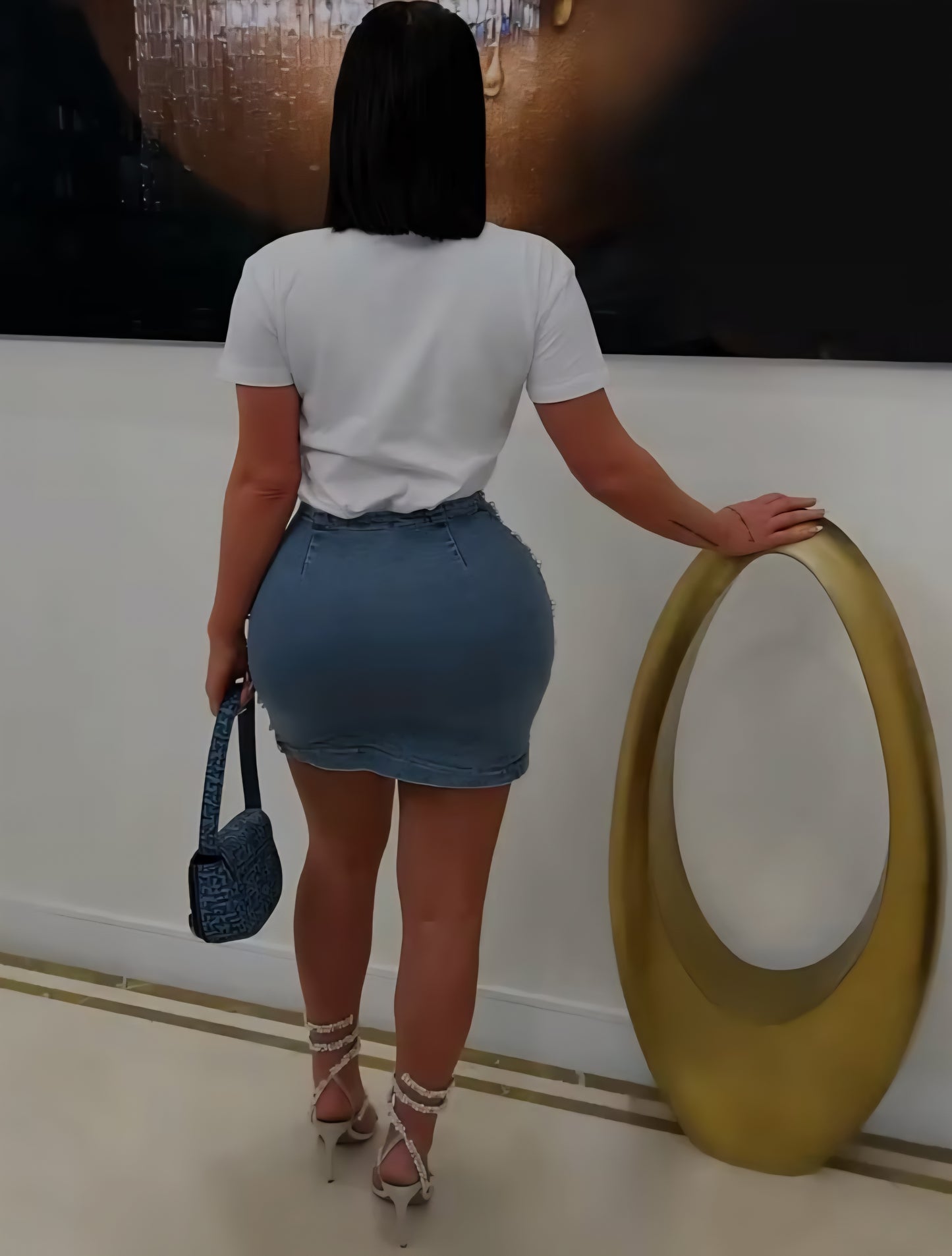 Diamond Lattice Pearl-Trim Denim Mini Skirt - Blue