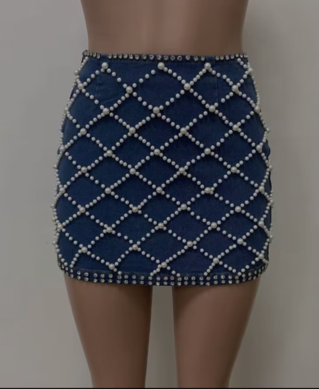 Diamond Lattice Pearl-Trim Denim Mini Skirt - Blue