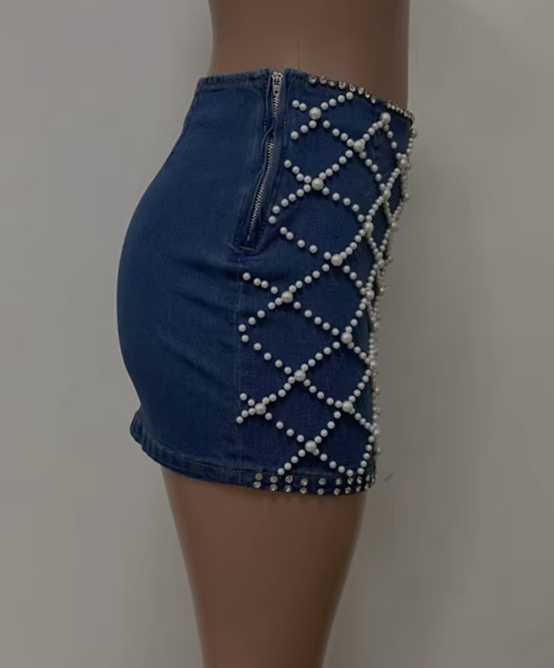 Diamond Lattice Pearl-Trim Denim Mini Skirt - Blue