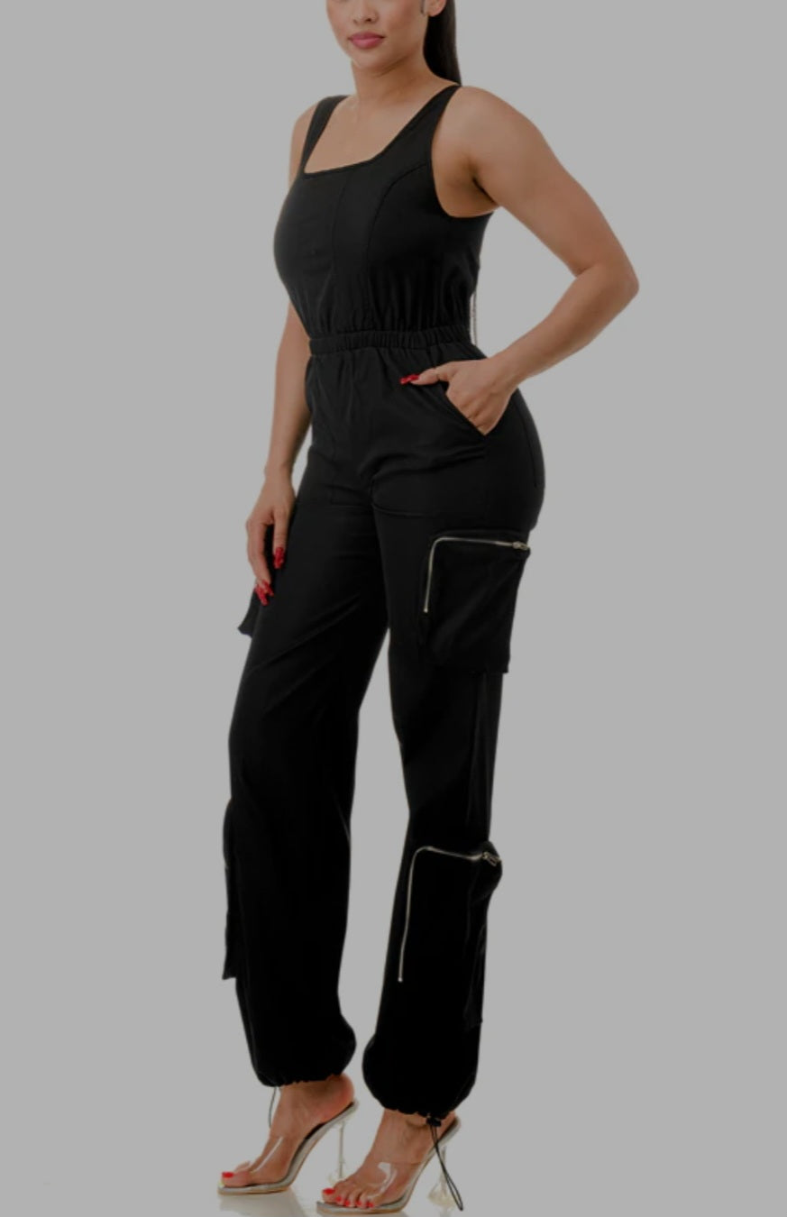 Luxe Cargo Linen Jumpsuit - Black