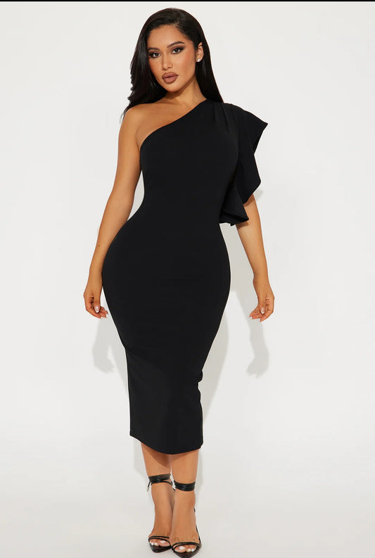 Ocean Eyes One-Shoulder Midi Dress - Black