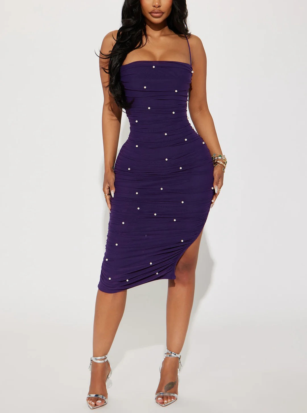 Pearlfect Illusion Mesh Midi Dress - Violet