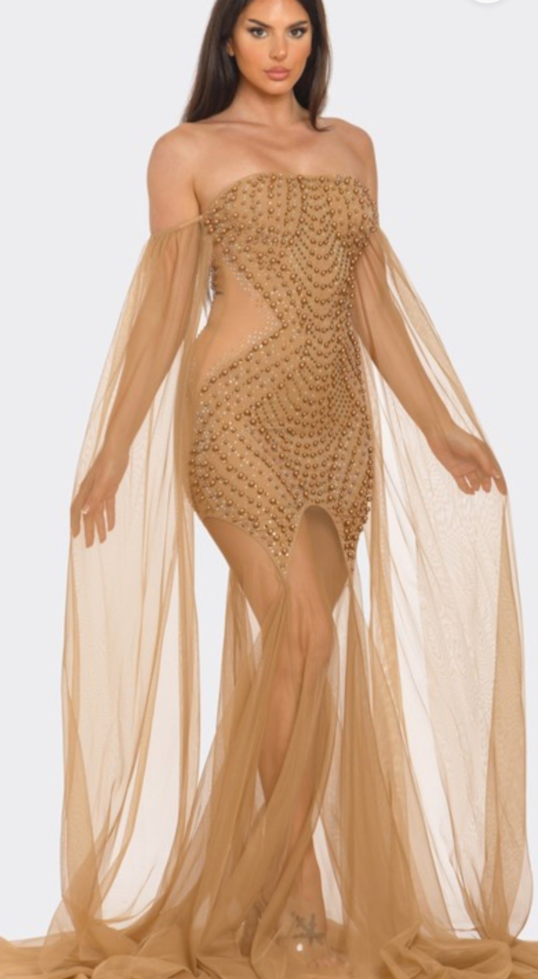 Goddess in Gold Rhinestones Strapless Ultra-Luxe Gown - Nude/Mocha