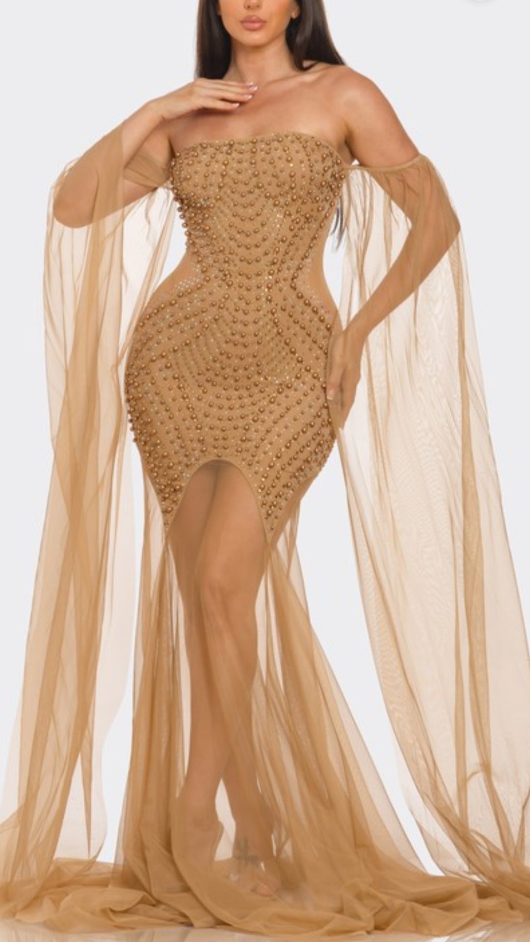 Goddess in Gold Rhinestones Strapless Ultra-Luxe Gown - Nude/Mocha