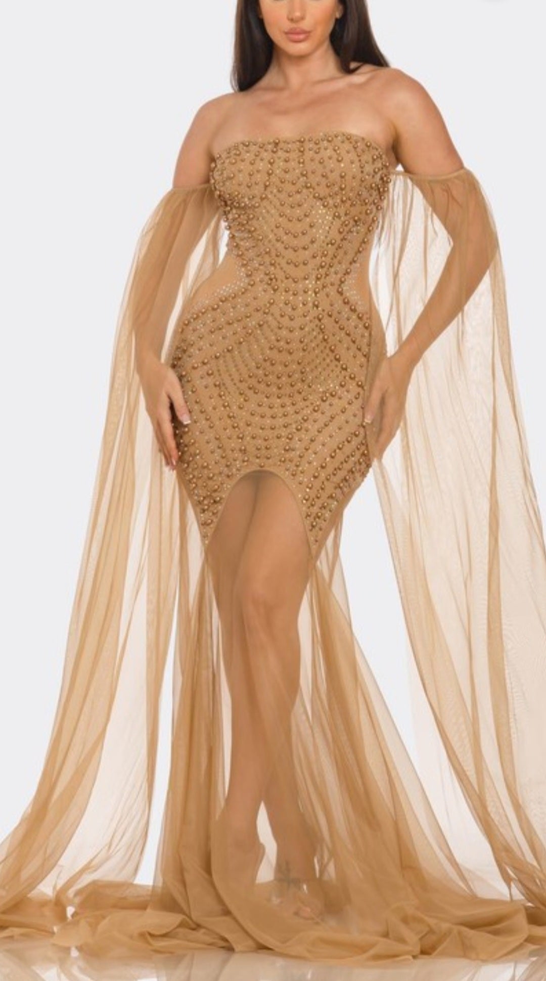 Goddess in Gold Rhinestones Strapless Ultra-Luxe Gown - Nude/Mocha