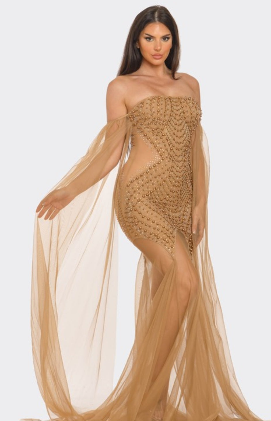 Goddess in Gold Rhinestones Strapless Ultra-Luxe Gown - Nude/Mocha
