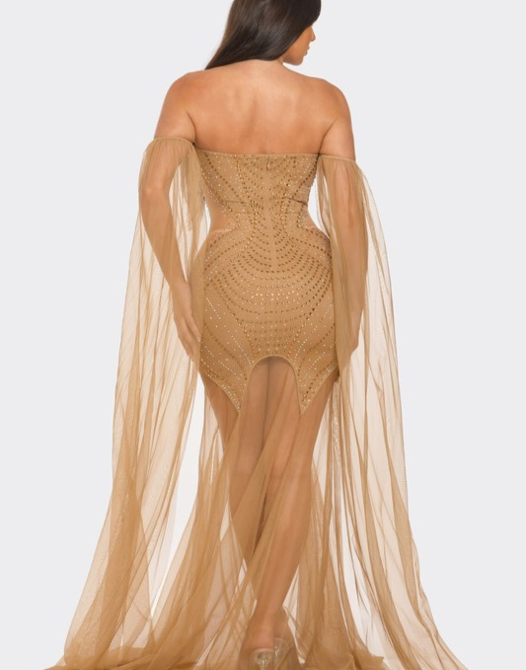 Goddess in Gold Rhinestones Strapless Ultra-Luxe Gown - Nude/Mocha