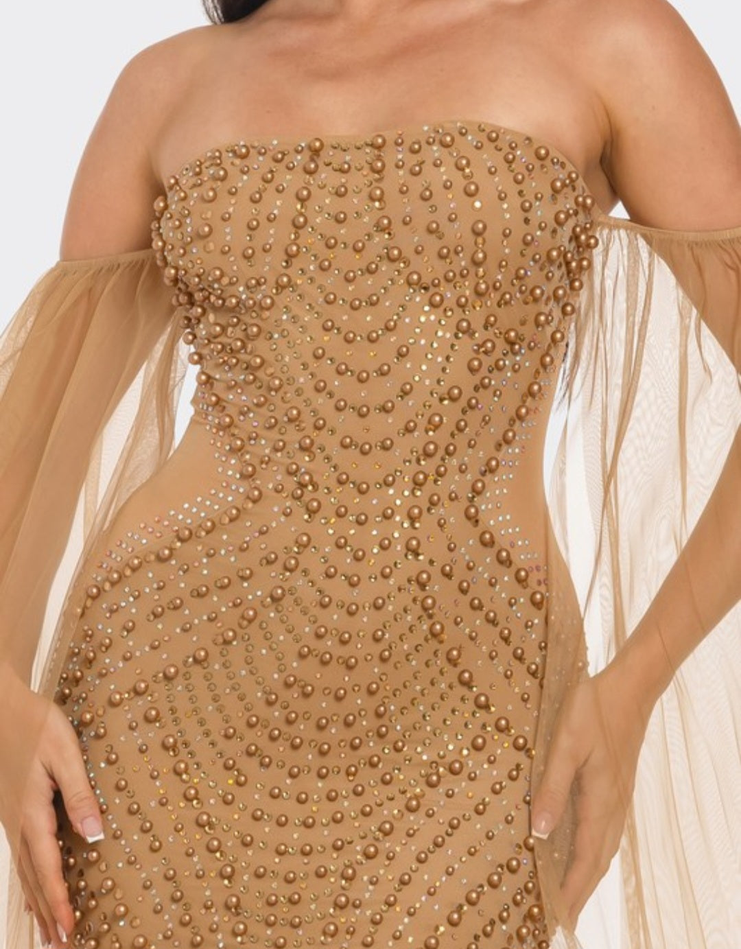 Goddess in Gold Rhinestones Strapless Ultra-Luxe Gown - Nude/Mocha