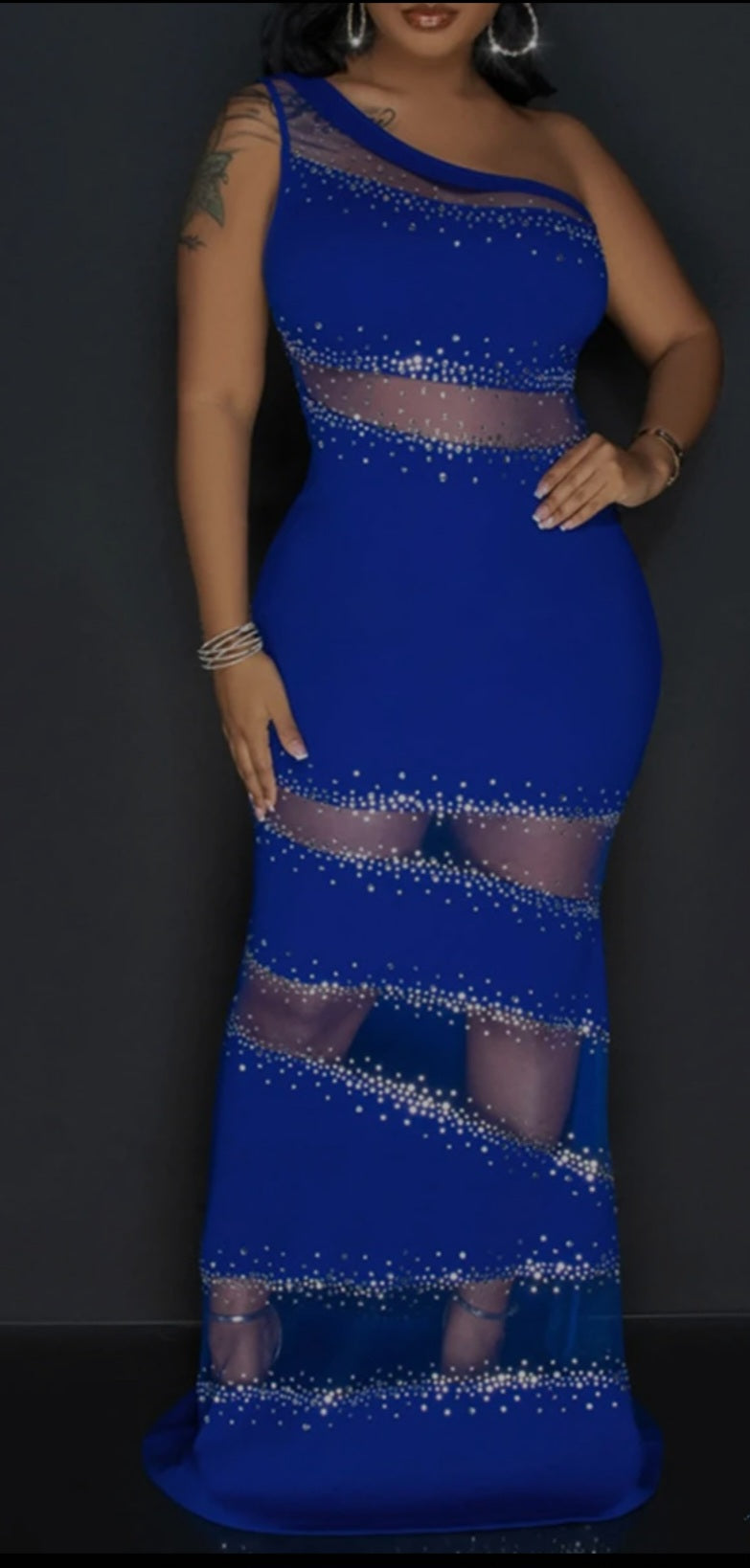 Blinged to Perfection Sheer Rhinestones One Shoulder Maxi Dress - Navy Blue