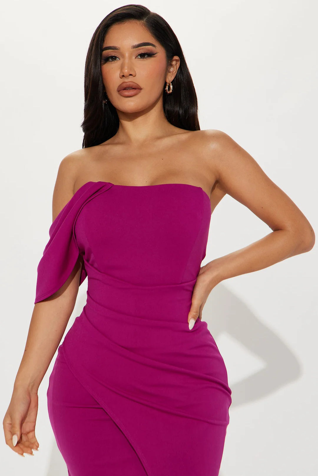 Draped & Dangerous One-Shoulder Midi Dress - Magenta