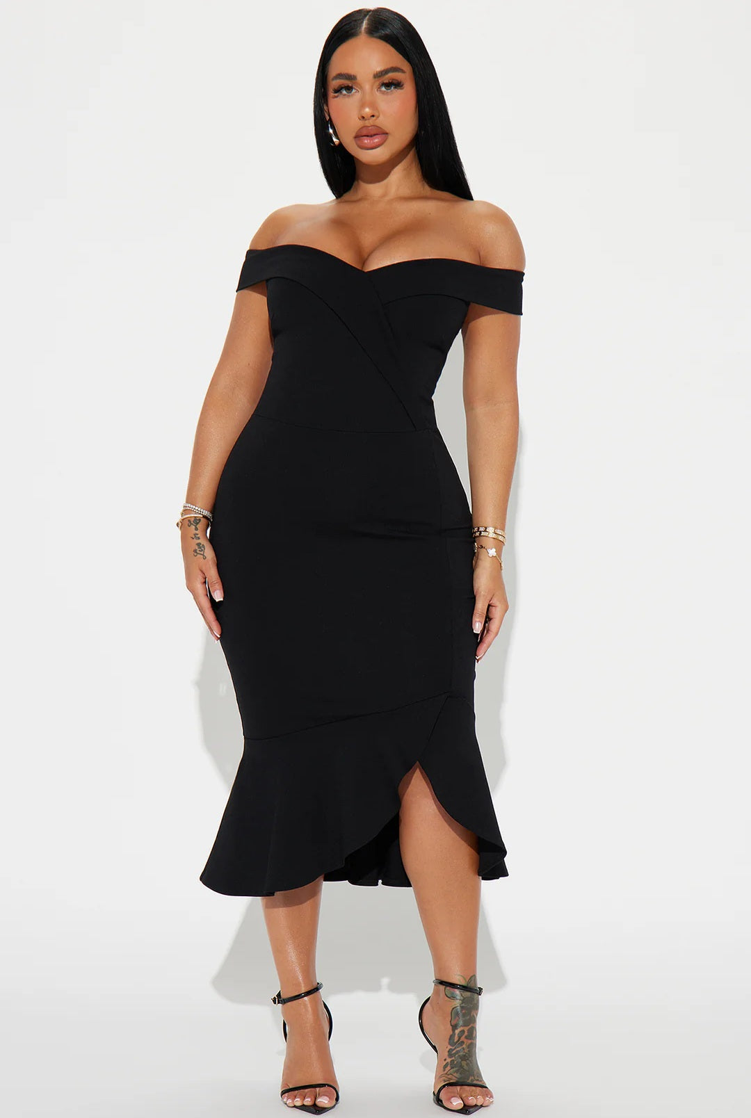 She Means Business Off Shoulder Midi Dress - Black