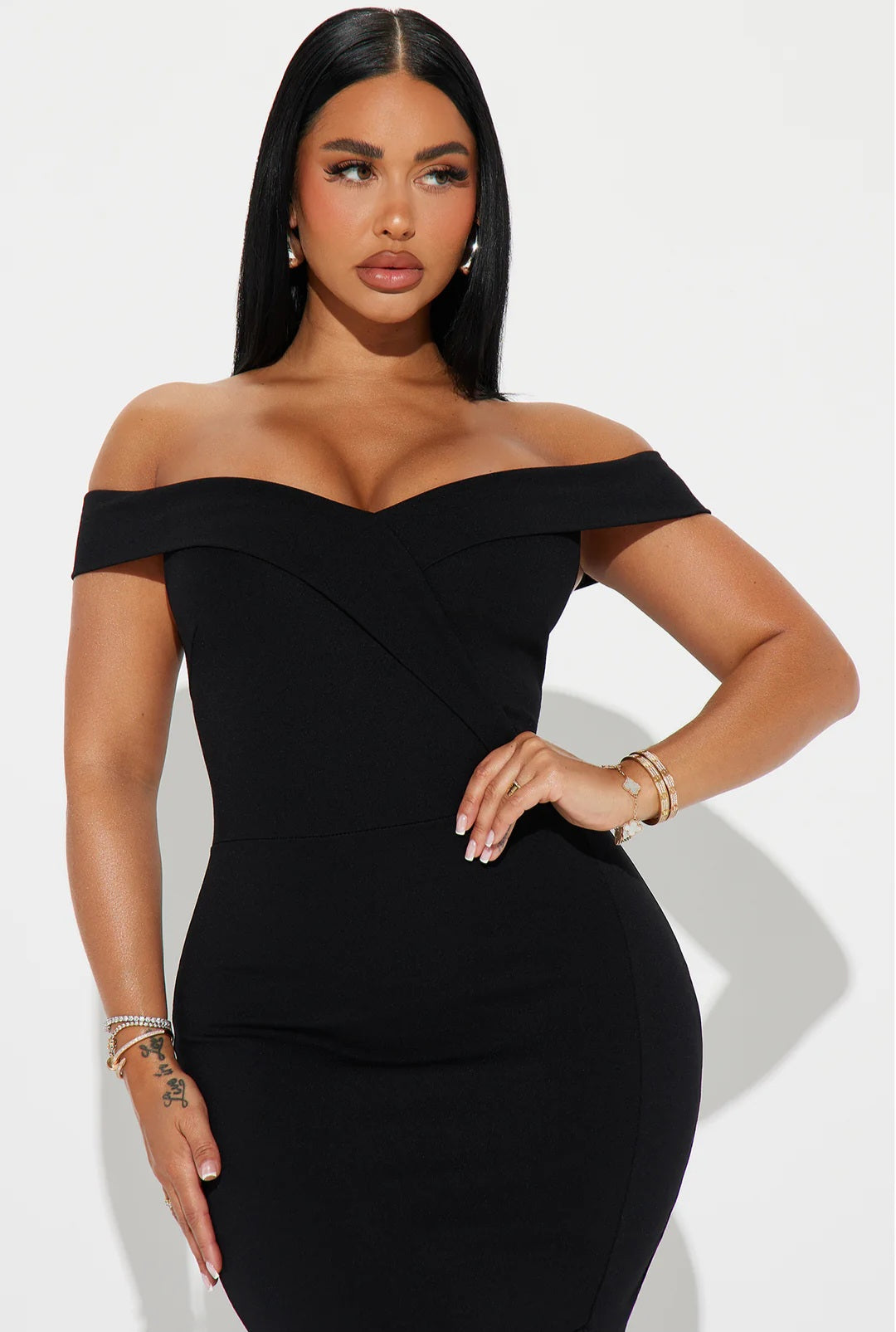 She Means Business Off Shoulder Midi Dress - Black