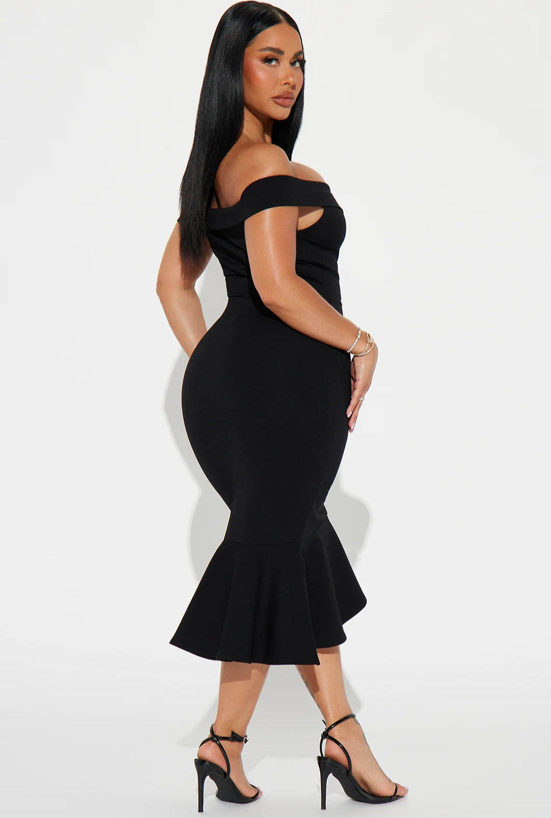 She Means Business Off Shoulder Midi Dress - Black