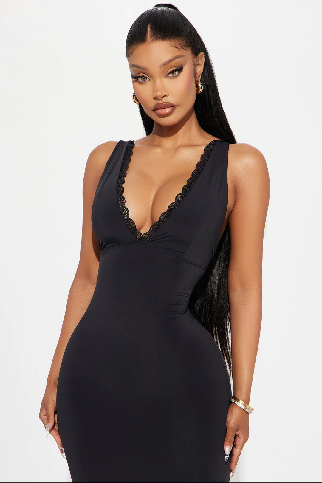 The After-Hours Affair Lace Trim Midi Dress - Black