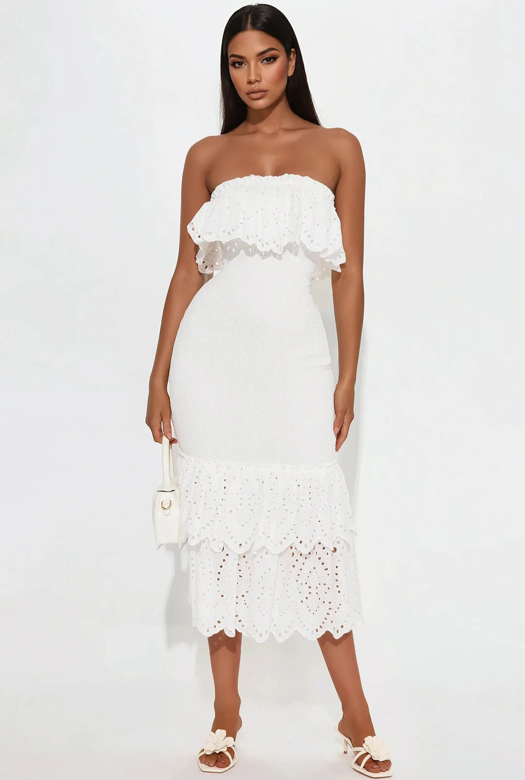 Sweet But Scalloped Strapless Midi Dress - White