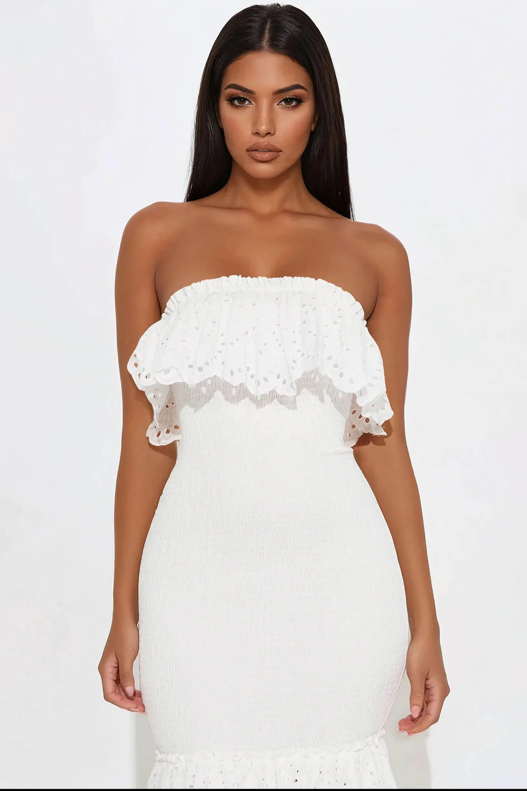 Sweet But Scalloped Strapless Midi Dress - White