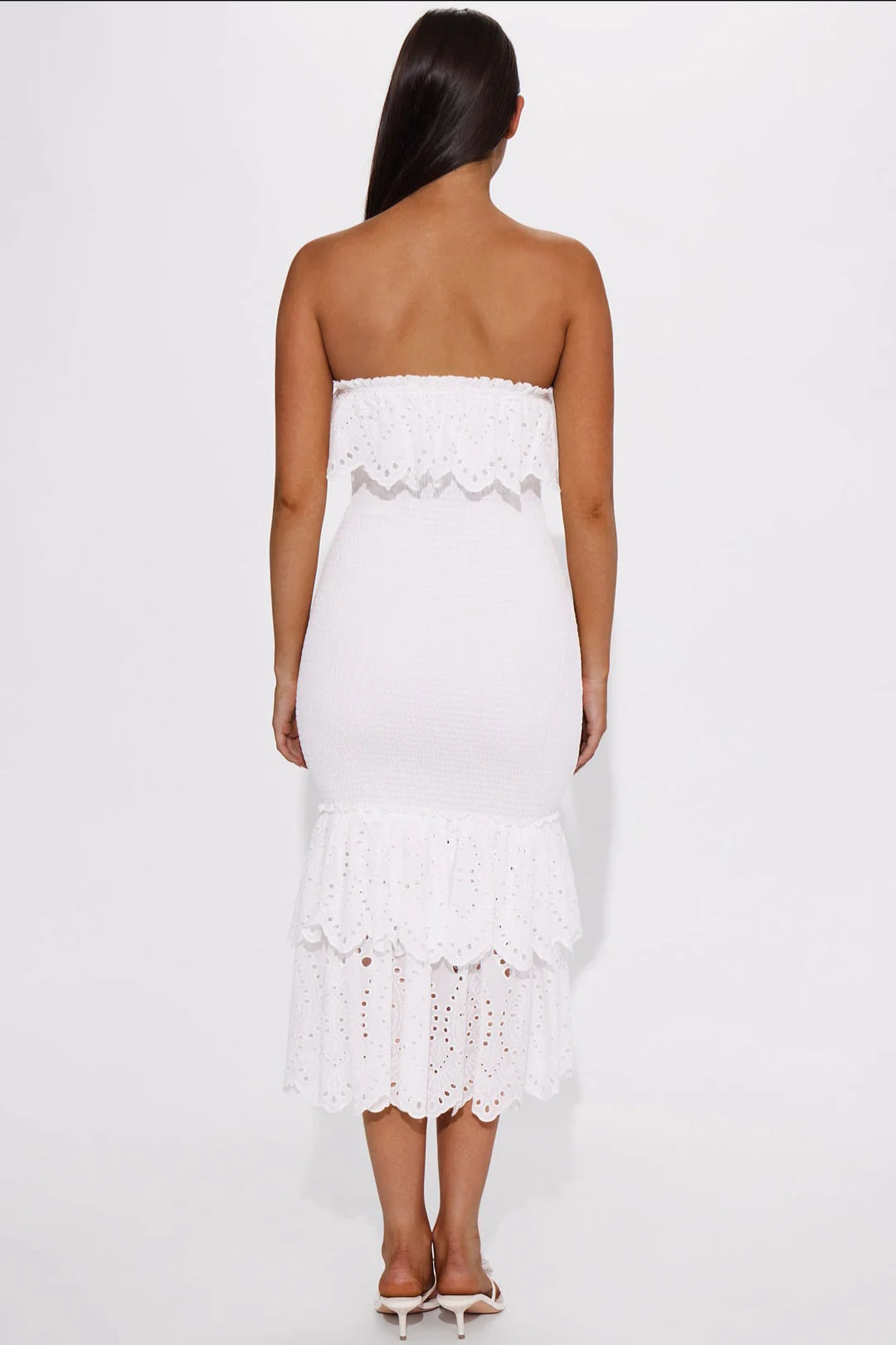 Sweet But Scalloped Strapless Midi Dress - White