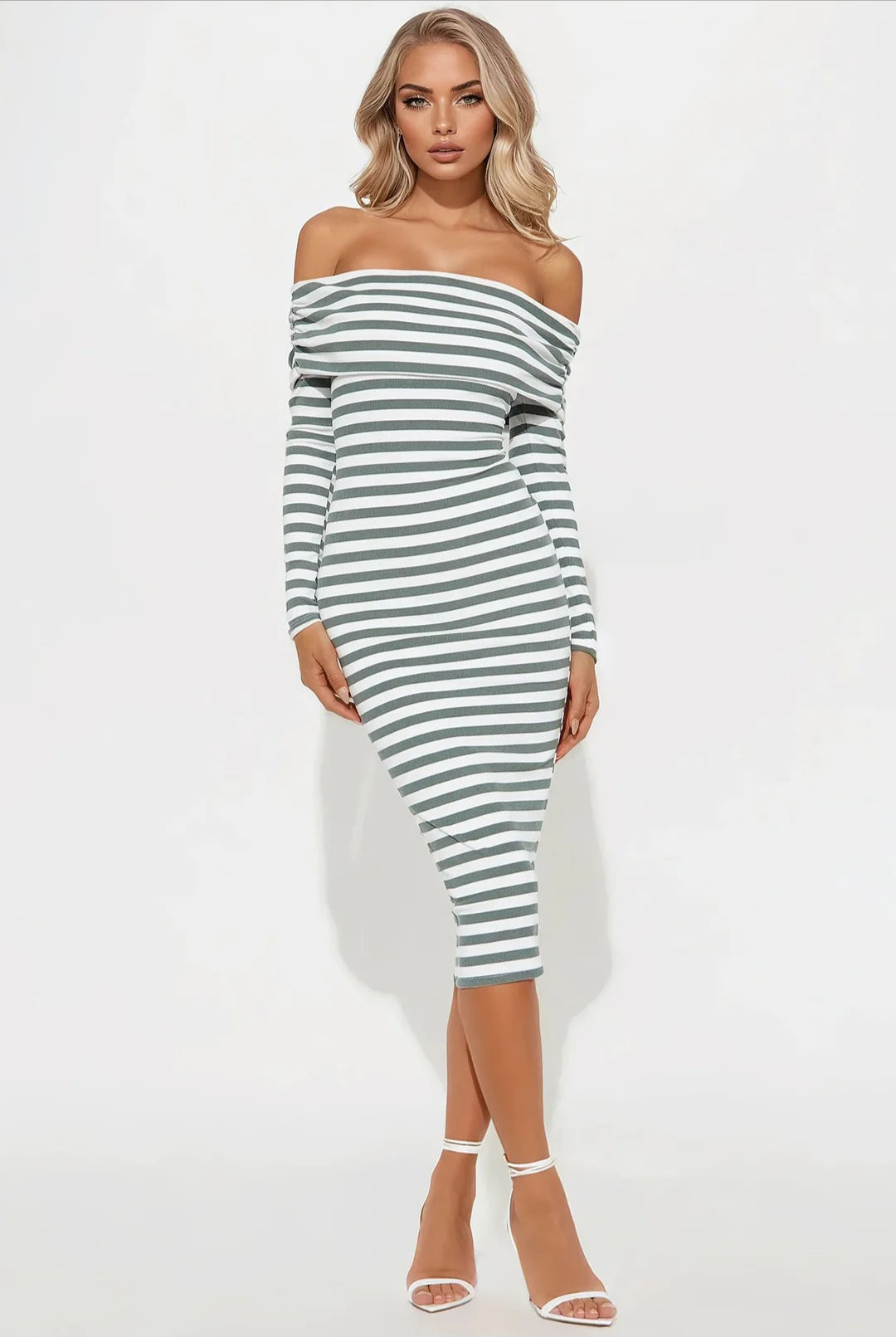 Sailor Chic Off Shoulder Striped Midi Dress - Green/Combo