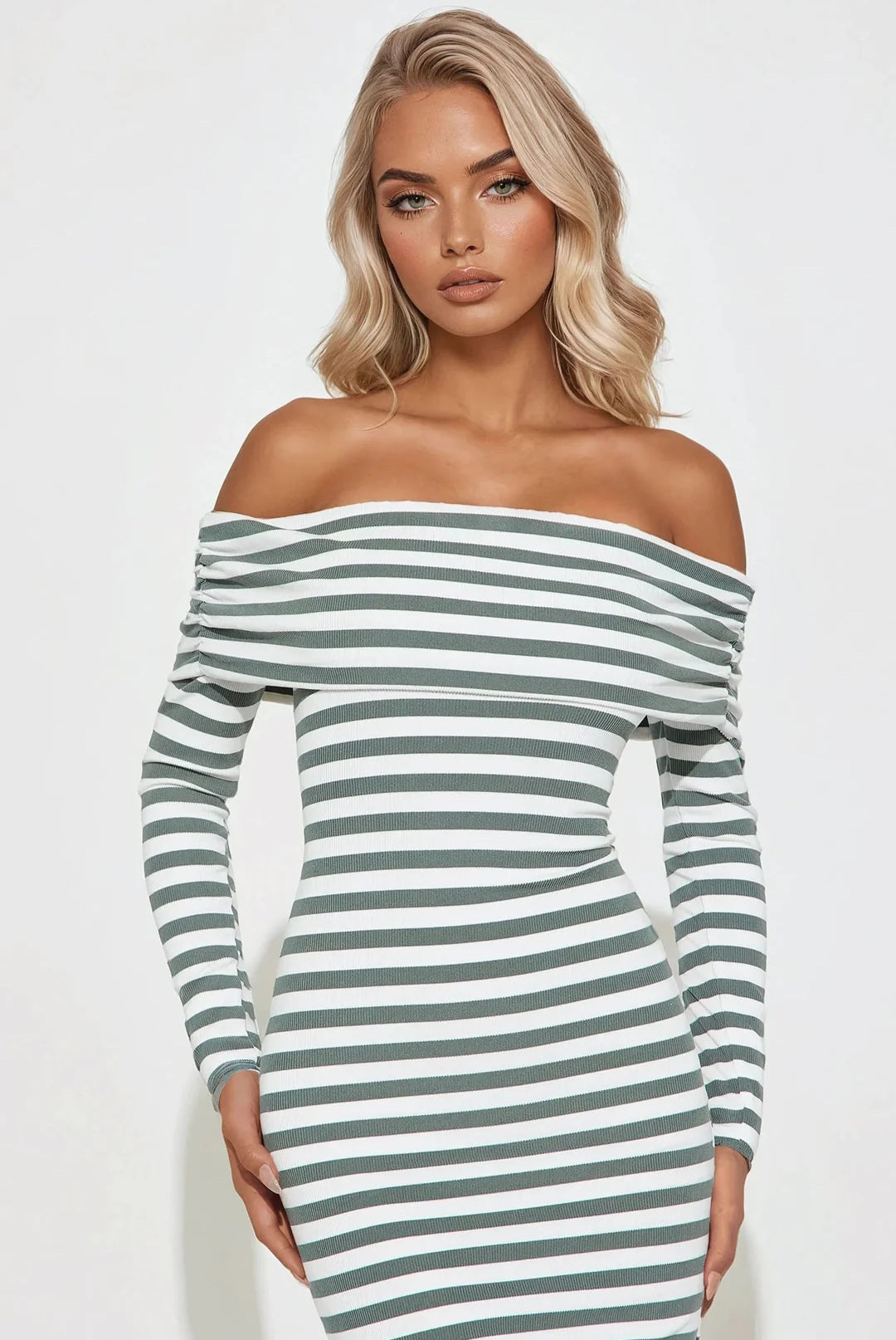 Sailor Chic Off Shoulder Striped Midi Dress - Green/Combo