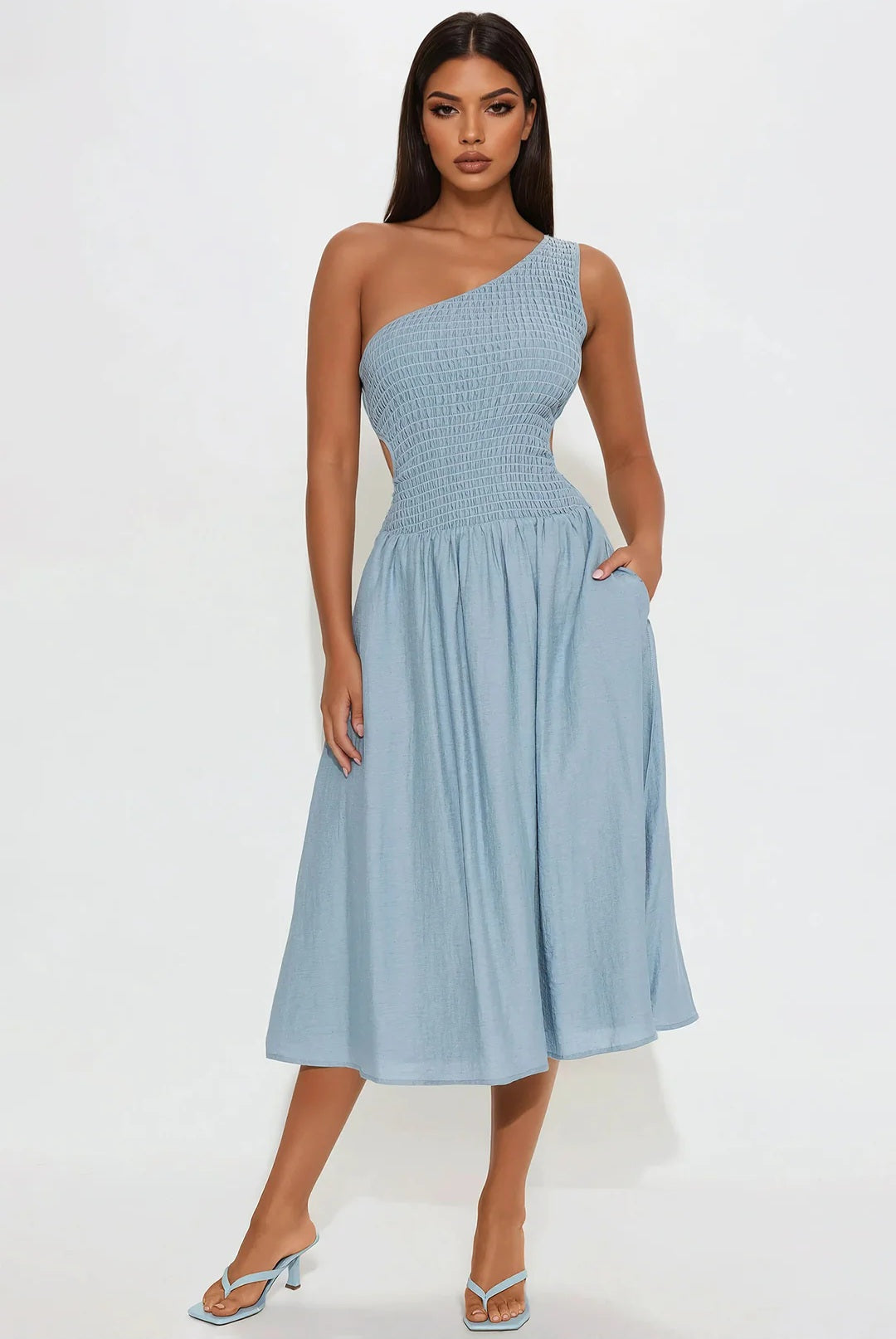 Serene Chic One-Shoulder Smocked Midi Dress - Blue
