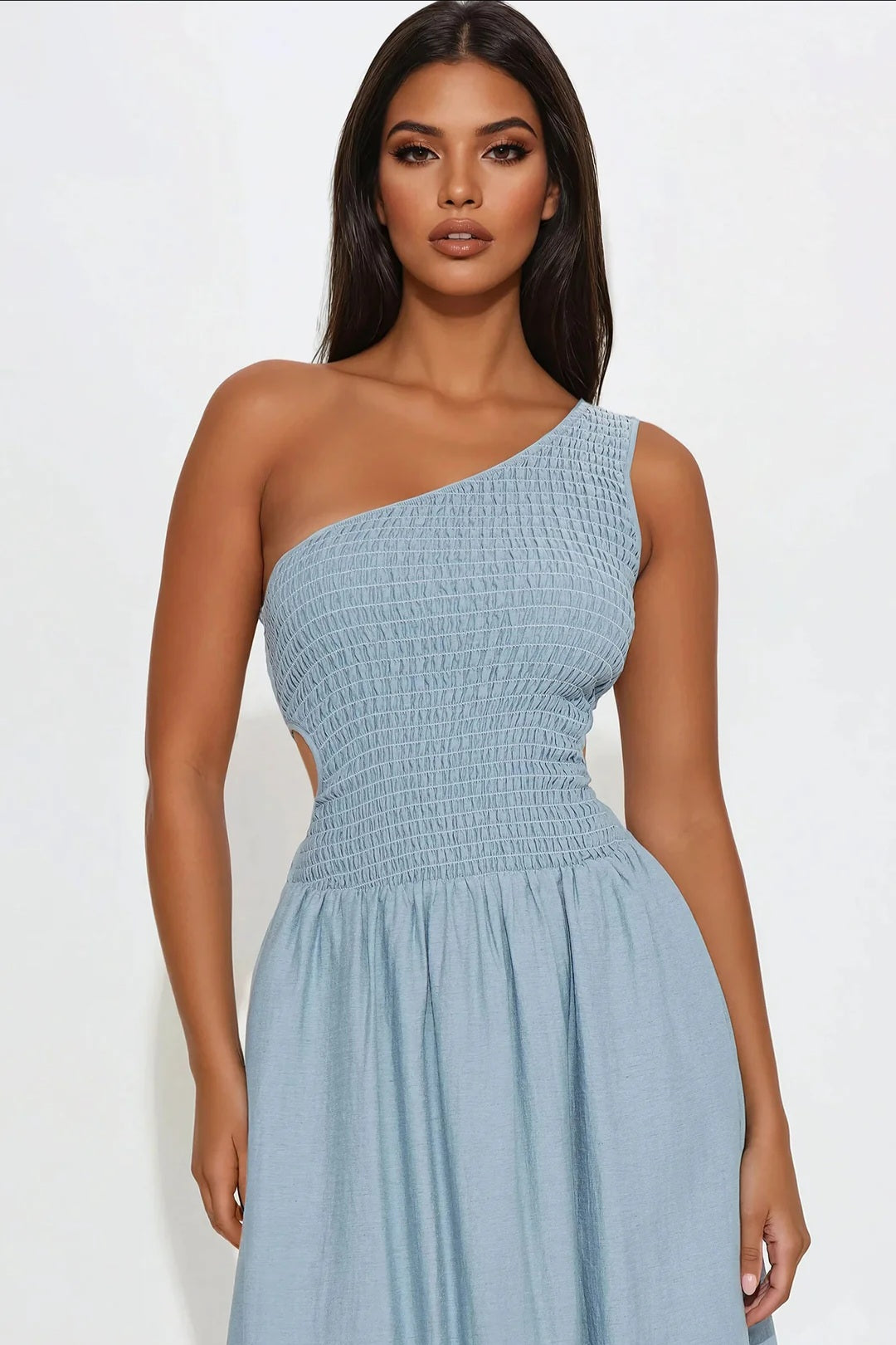 Serene Chic One-Shoulder Smocked Midi Dress - Blue