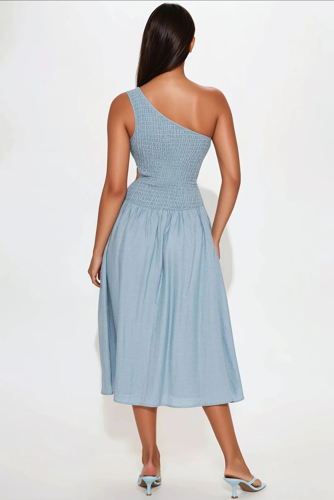 Serene Chic One-Shoulder Smocked Midi Dress - Blue