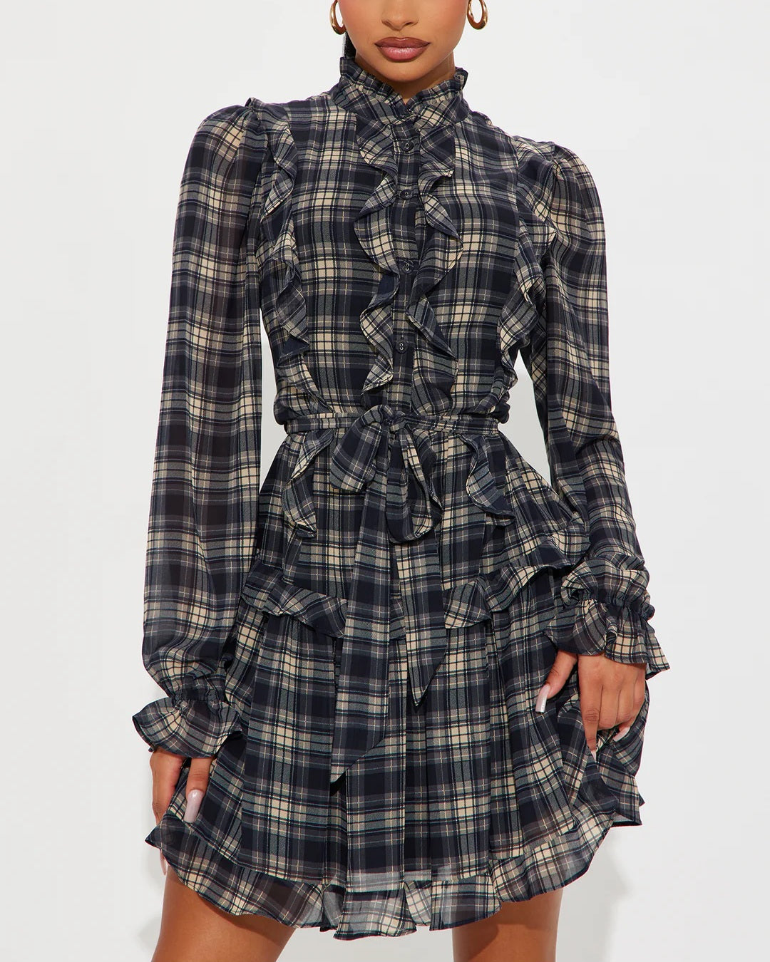 Ruffle My Rules Plaid Chiffon Mini Dress - Black/Combo