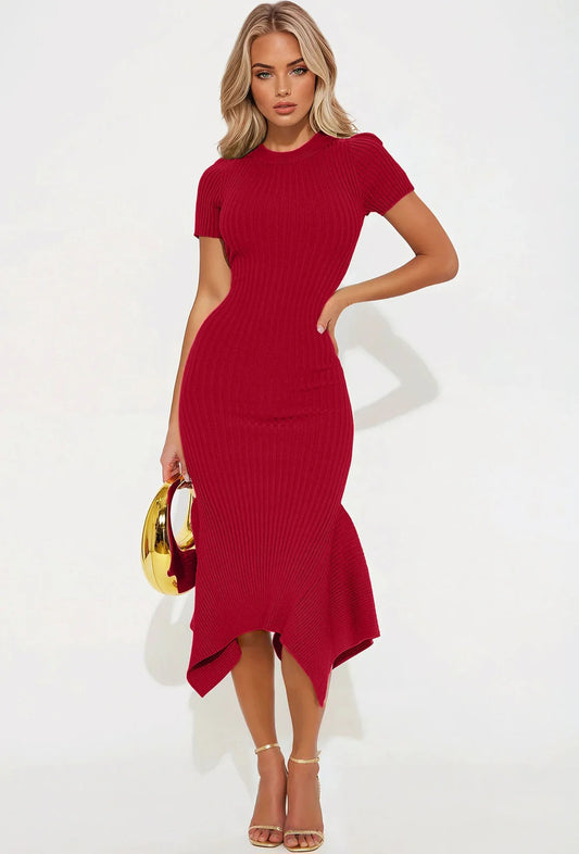Glow Getter Ribbed Knit Flare Hem Midi Dress - Red