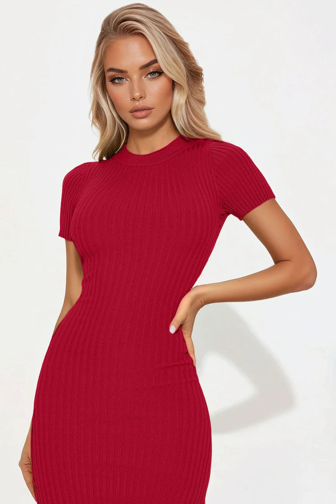 Glow Getter Ribbed Knit Flare Hem Midi Dress - Red