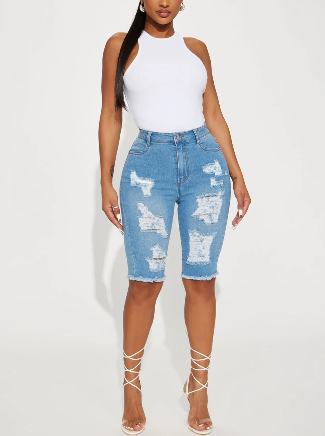 Shred It & Slay Denim Bermuda Shorts - Light Wash