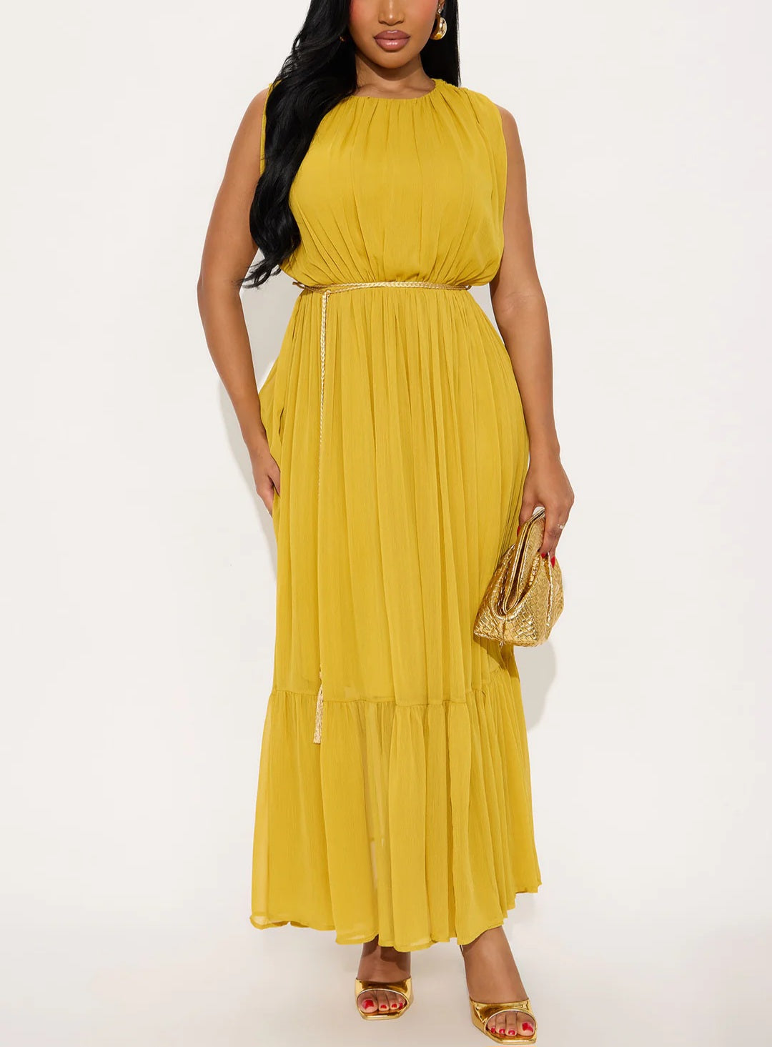 Citrine Charm Chiffon Flowy Maxi Dress - Mustard