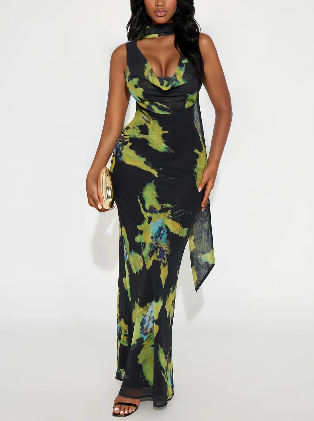 Painted Desire Chiffon Abstract Maxi Dress - Black/Green