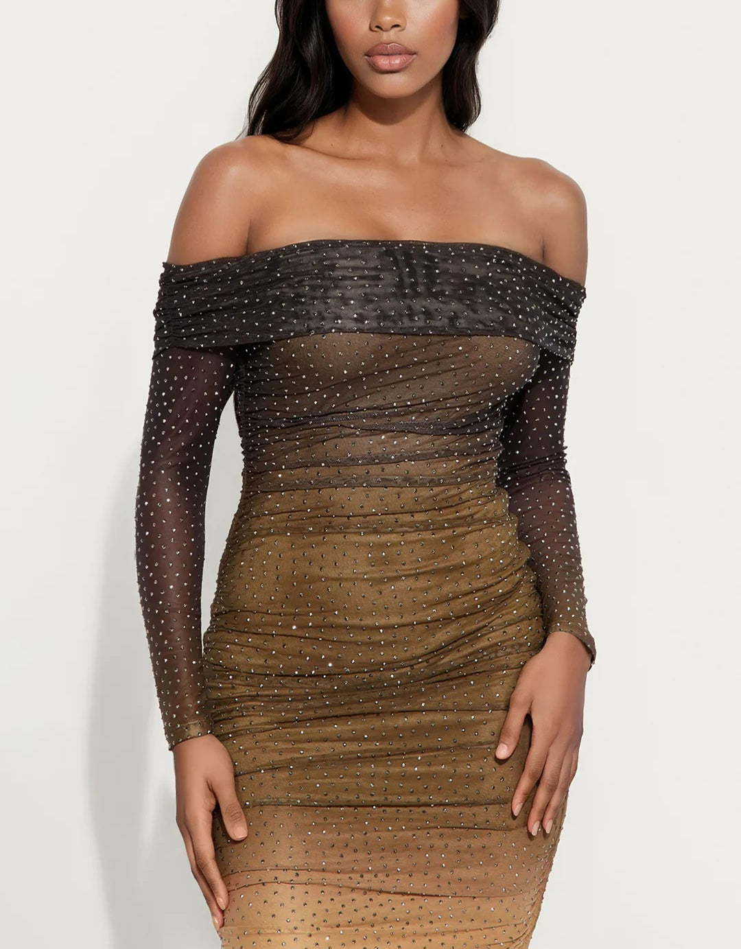 Starlit Seduction Off-Shoulder Rhinestone Mesh Midi Dress - Black/Combo