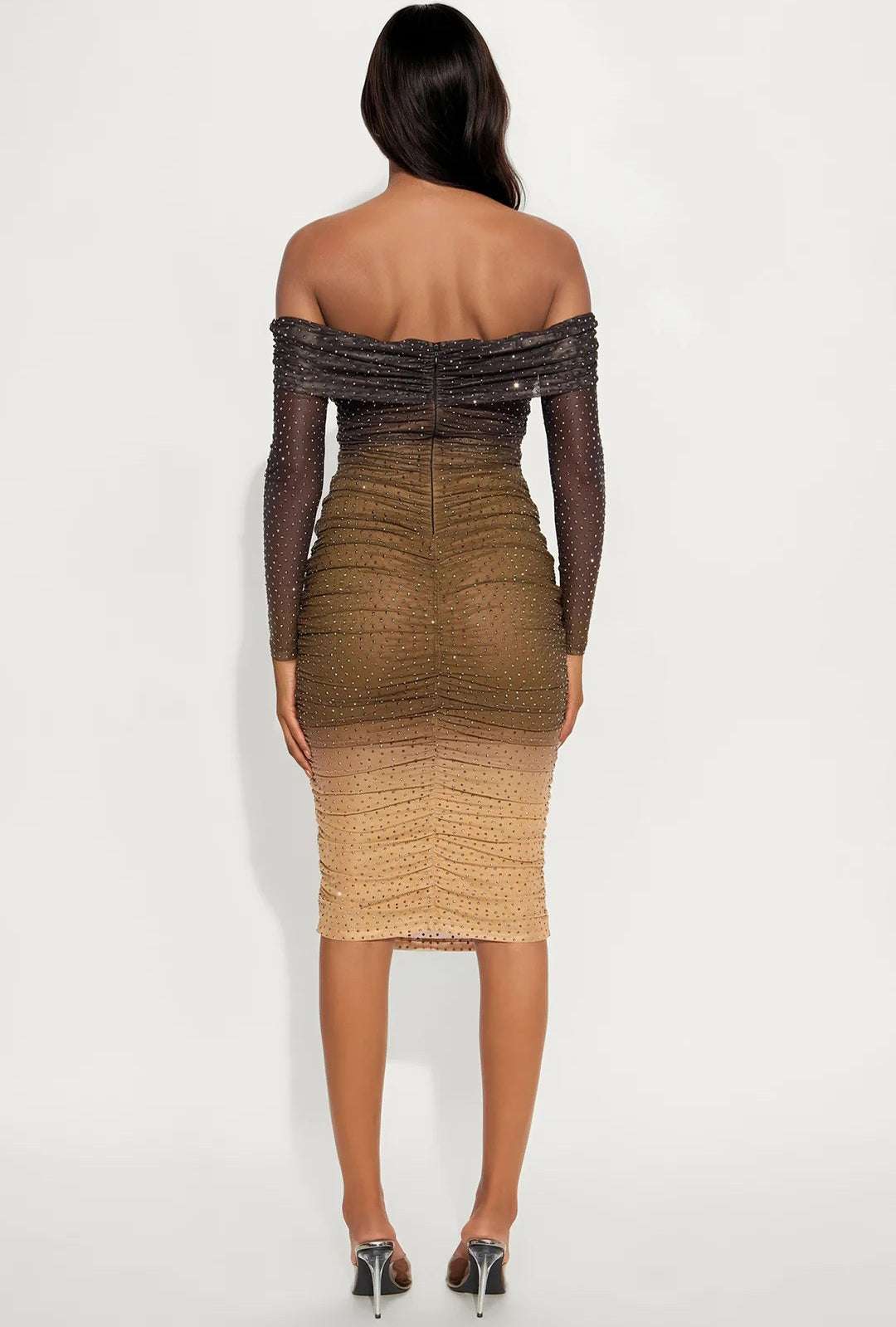 Starlit Seduction Off-Shoulder Rhinestone Mesh Midi Dress - Black/Combo