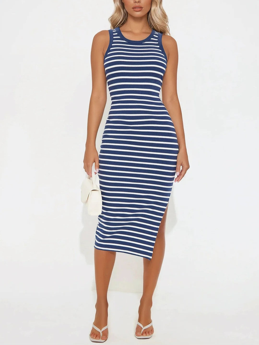 Sail Away Ribbed Striped Midi Dress - Navy/Combo