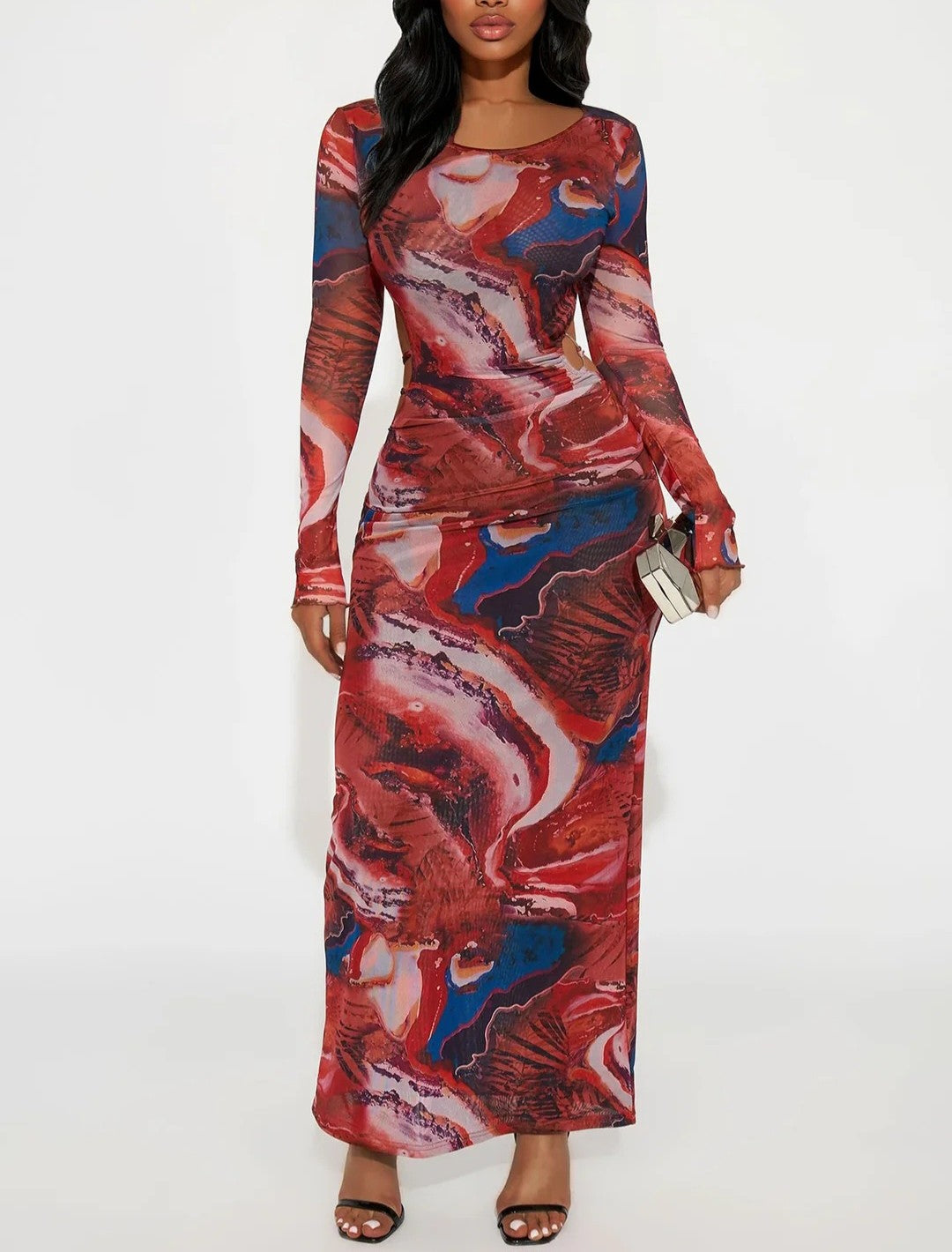 Crimson Chaos Backless Mesh Maxi Dress - Red/Combo