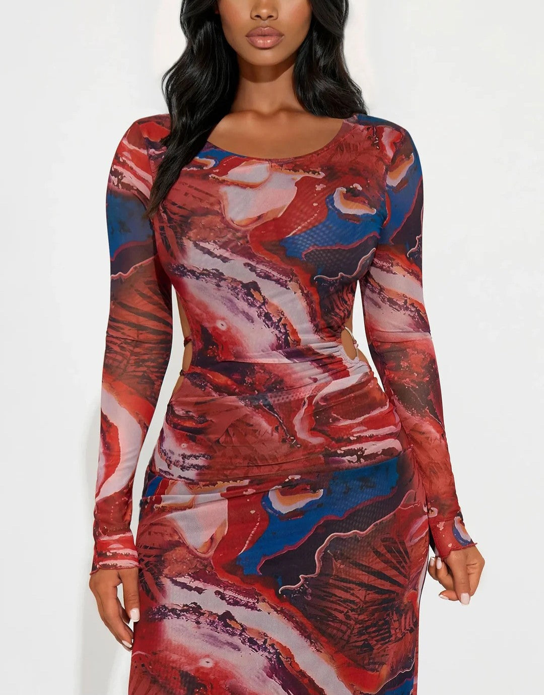 Crimson Chaos Backless Mesh Maxi Dress - Red/Combo