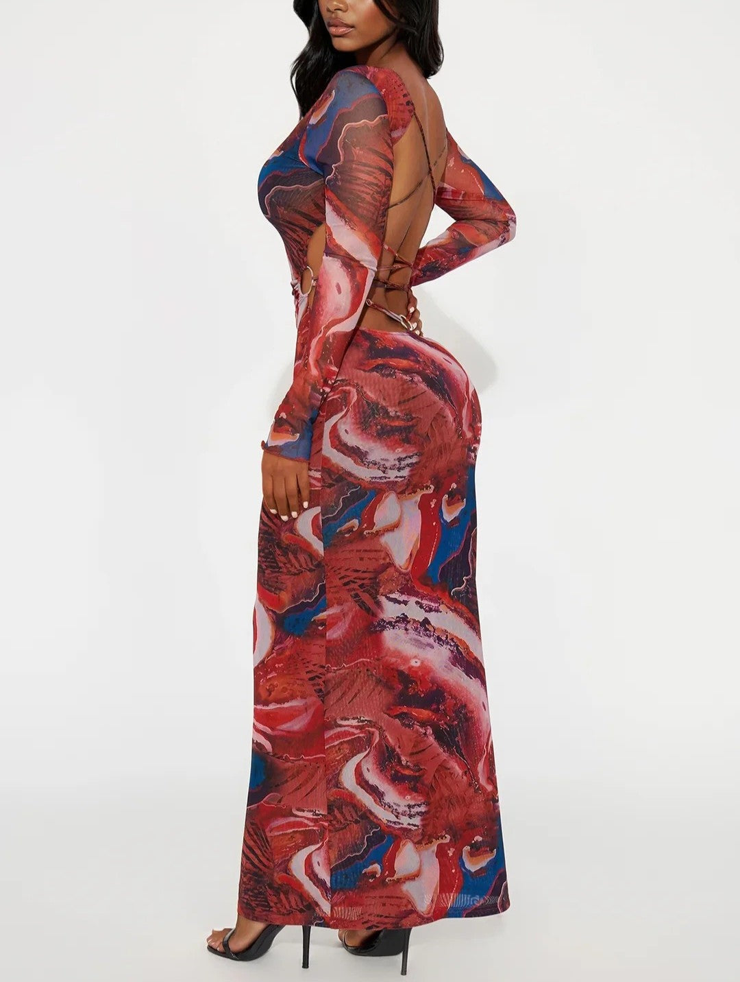 Crimson Chaos Backless Mesh Maxi Dress - Red/Combo
