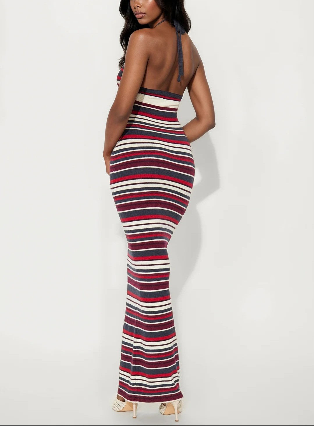 Riviera Heat Halter Striped Maxi Dress - Burgundy/Combo
