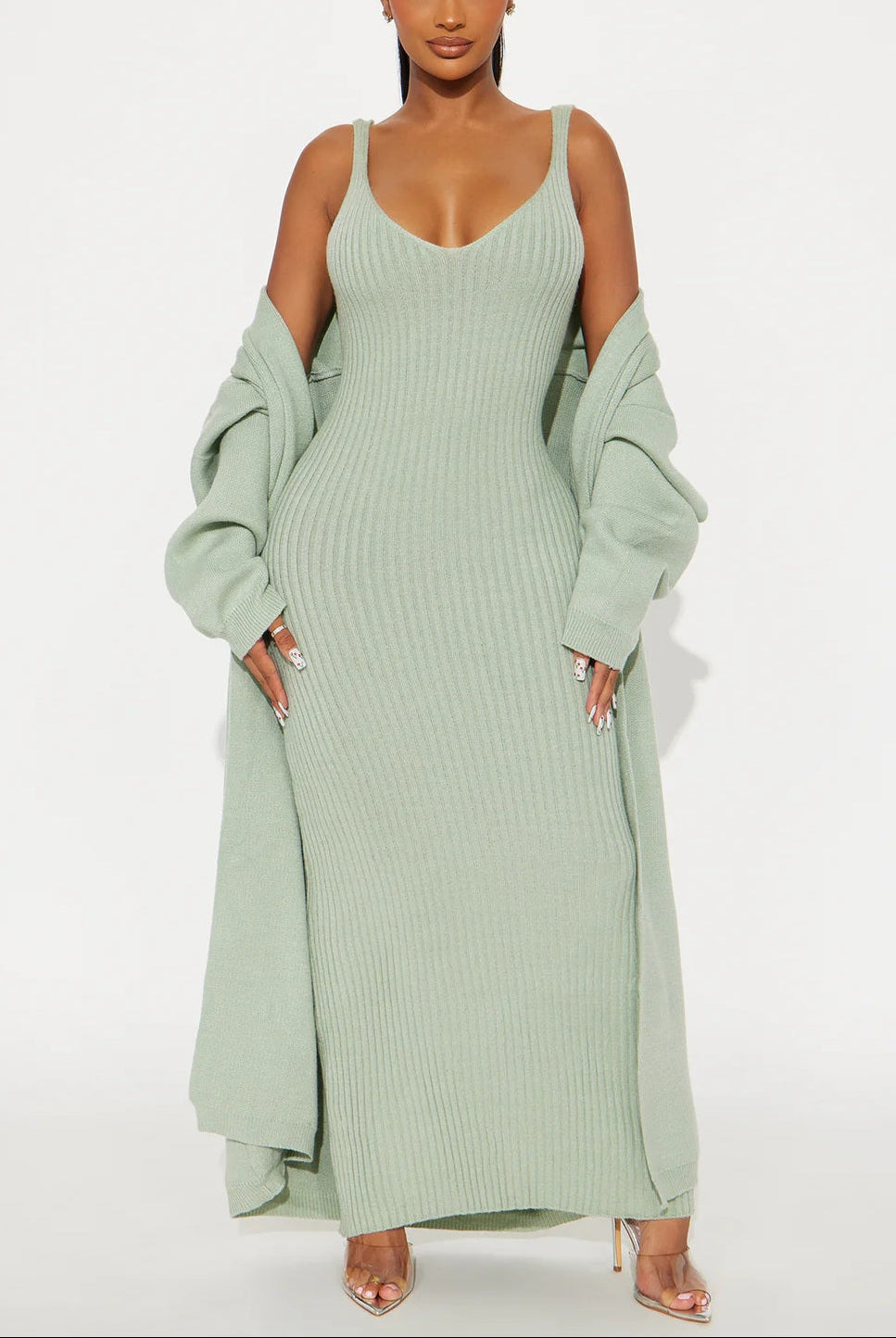 Rich Girl Uniform Sweater Maxi Dress Set - Sage