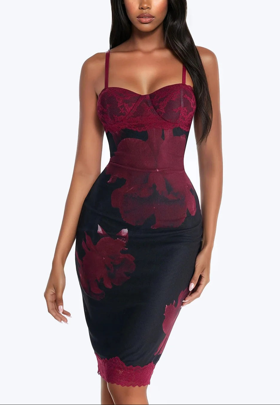 Sinfully Sweet Mesh Lace Midi Dress - Red/Combo