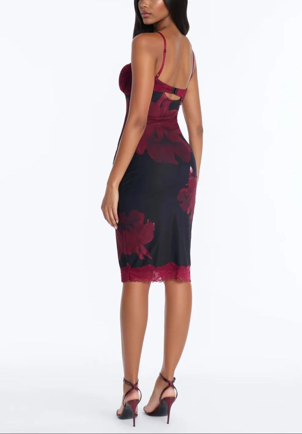 Sinfully Sweet Mesh Lace Midi Dress - Red/Combo